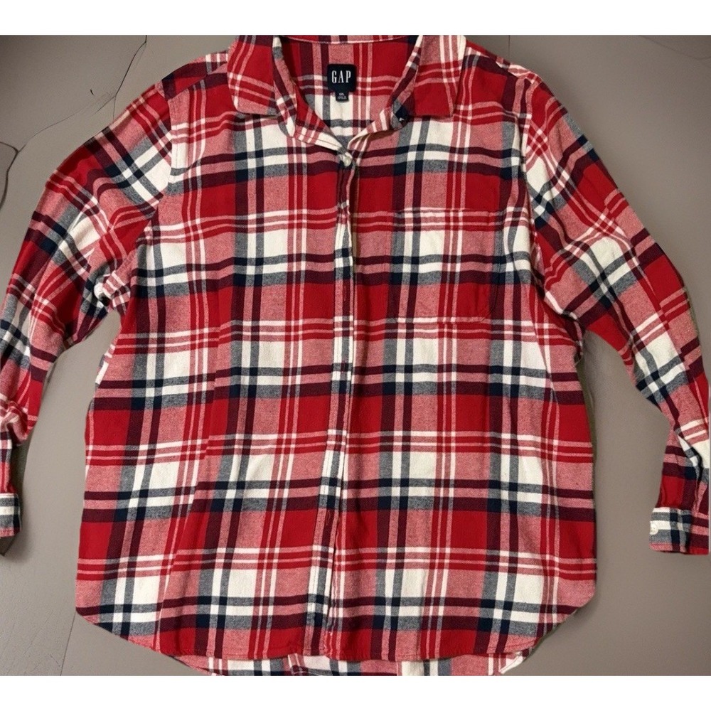GAP Mens XXL Plaid Flannel Shirt Red White Long Sleeve Button Front Mens XXL